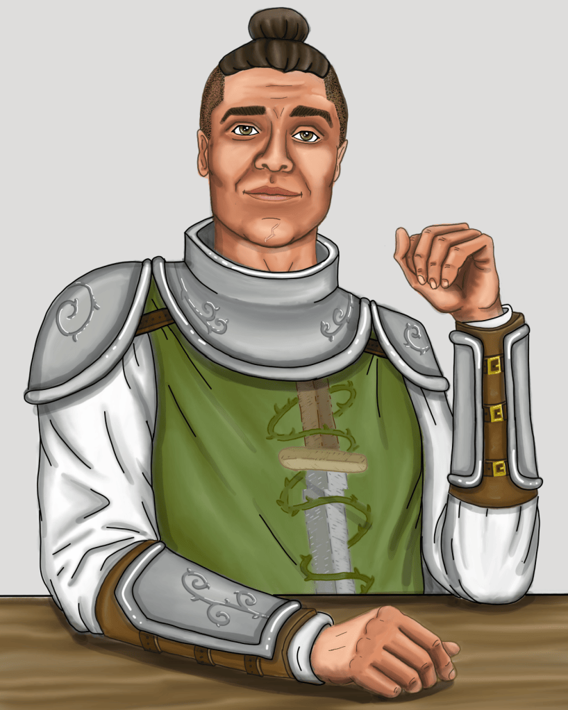 A digital portrait drawn by Samantha Breaux featuring an original character from her upcoming novel Thief of Death. The image depicts Bruce Everton-Thorne, a mercenary. He has medium brown skin, hazel eyes, a small scar on his chin, and hair that is shaved on the sides and pulled back in a warrior's queue. He is wearing a green tunic with a sword wrapped in thorns on it as well as a metal gorget, pauldrons, and arm bracers. His armor has thorn vine details as well. His expression is amused, with a slight crinkle between his eyebrows.