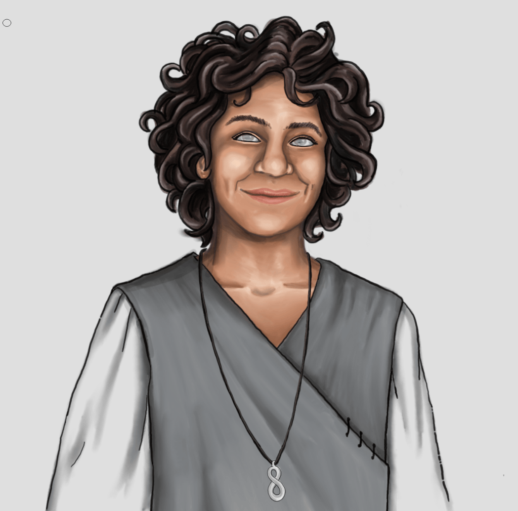 A digital drawing by author and artist Samantha Breaux of an original character from her book Thief of Death. The portrait shows Elton, an acolyte of the Gray Lady, goddess of death. Elton is an adolescent boy with medium brown skin and wild, dark brown, curly hair. His eyes are covered by a gray film suggesting he is blind. He wears a gray tunic and a white shirt as well as a necklace with a silver infinity loop on it. His expression is smiling and joyful. 
