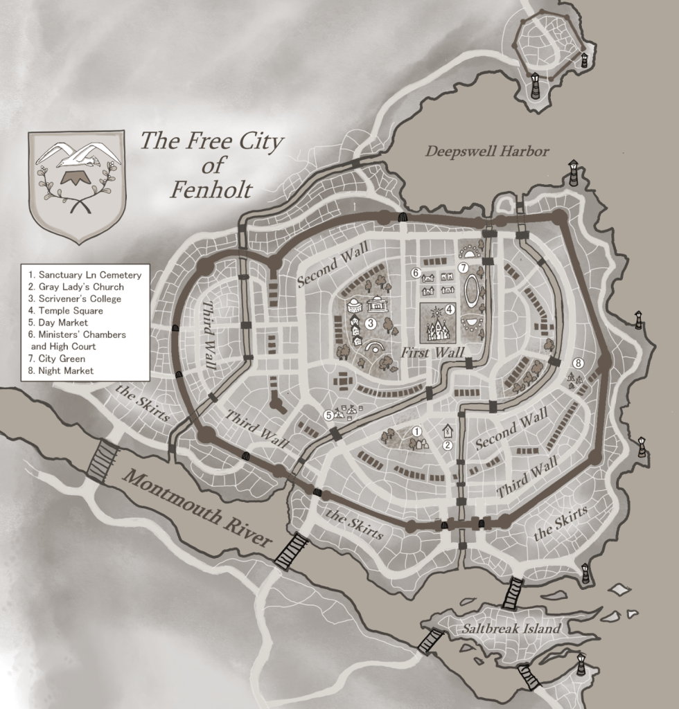 A digital drawing by author and artist Samantha Breaux showing a map of the City of Fenholt, the main setting of her book Thief of Death.