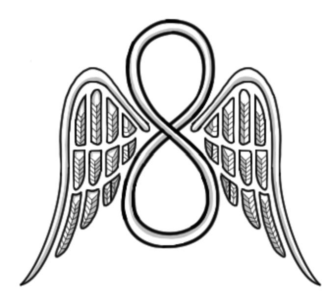 A simple digital drawing by the author and artist Samantha Breaux showing the holy symbol of the Gray Lady from her novel Thief of Death. The symbol looks like an infinity symbol with wings on either side of it. 