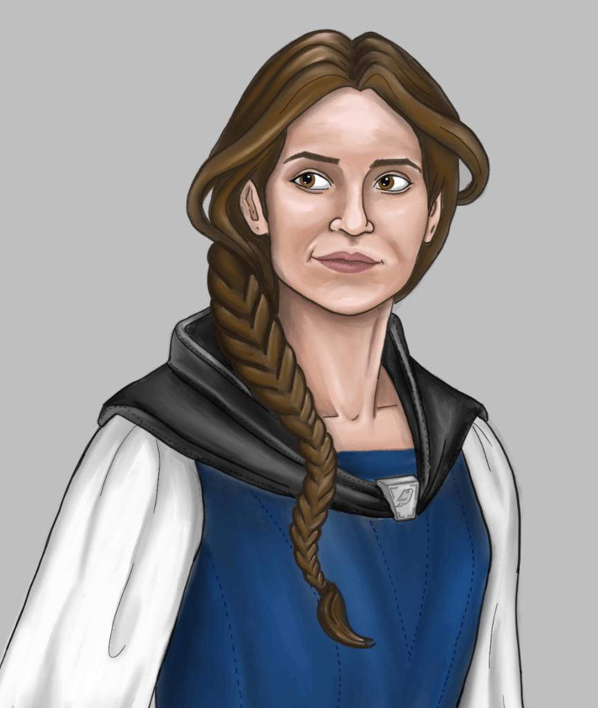 A digital drawing by author and artist Samantha Breaux of an original character from her book Thief of Death. The portrait shows Wren Bower, the main female protagonist of the book. The woman is in fantasy garb with long brown hair in a braid over her shoulder and brown eyes looking off to the side. Her skin is tan, she is wearing a black cowl, a white shirt, and a blue vest.