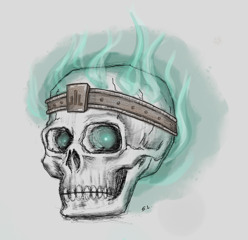  A digital sketch of a character from the book Thief of Death by Samantha Breaux. Art is also by the author. It shows a skull wearing an iron crown with a glyph carved in the center. The skull has blue green glowing pinpricks in the eye sockets and a halo of glowing blue green flames surrounding it. 
