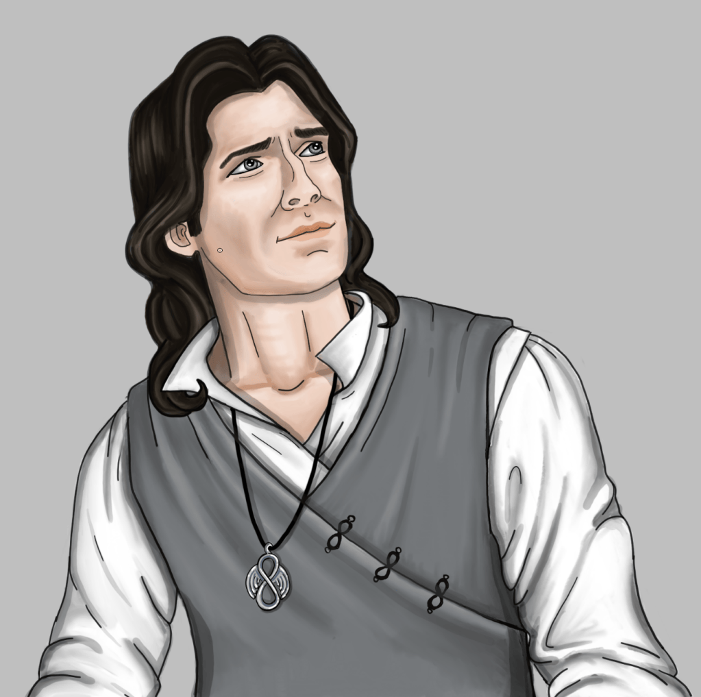 A digital drawing by author and artist Samantha Breaux of an original character from her book Thief of Death. The portrait shows Spencer Thorne, a priest of the Gray Lady, goddess of death. Spencer is a pale man with shoulder length, slightly wavy, dark hair and gray eyes. He is wearing a gray tunic and a white shirt.