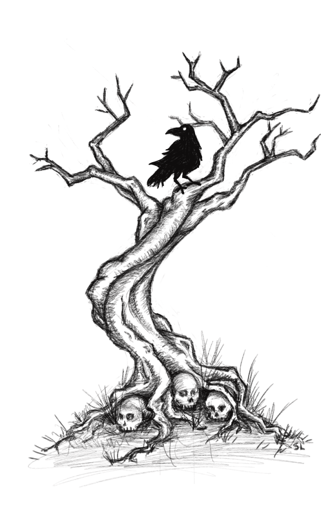 A digital drawing by artist Samantha Breaux showing a twisted tree with no leaves. A crow sits in the branches of the tree. Three skulls are tangled in the tree's roots. 