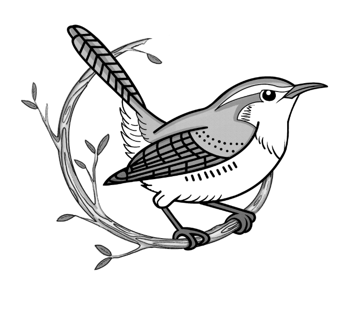 Header art used in the book Thief of Death by Samantha Breaux. Art is by the author, showing a small wren sitting on a curved branch. 